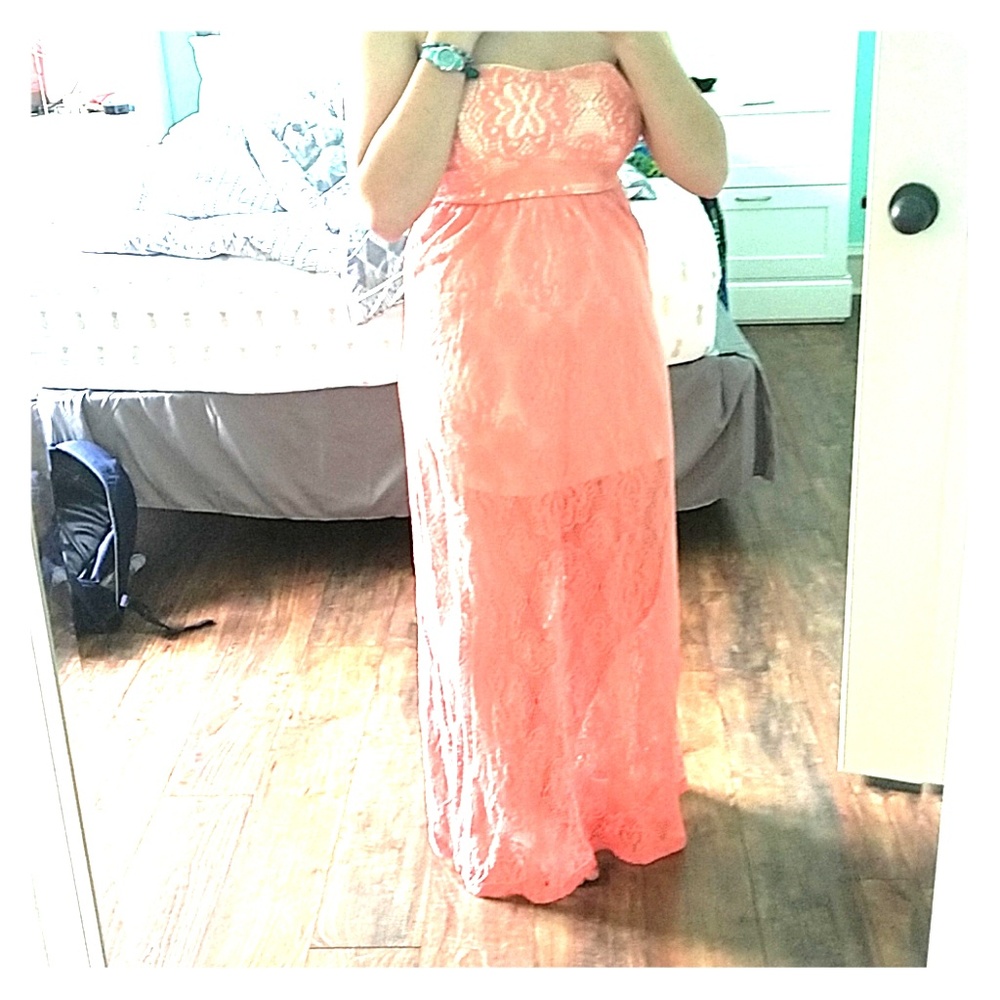 peach strapless long dress!